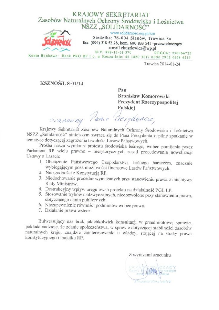 List do Prezydenta B. Komorowskiego